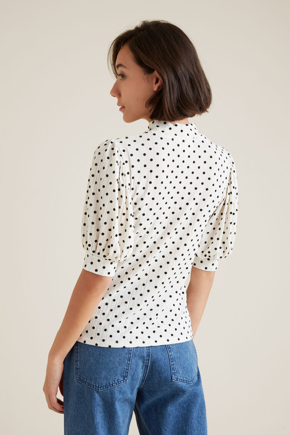 Spot Puff Sleeve Top  French Vanilla Spot