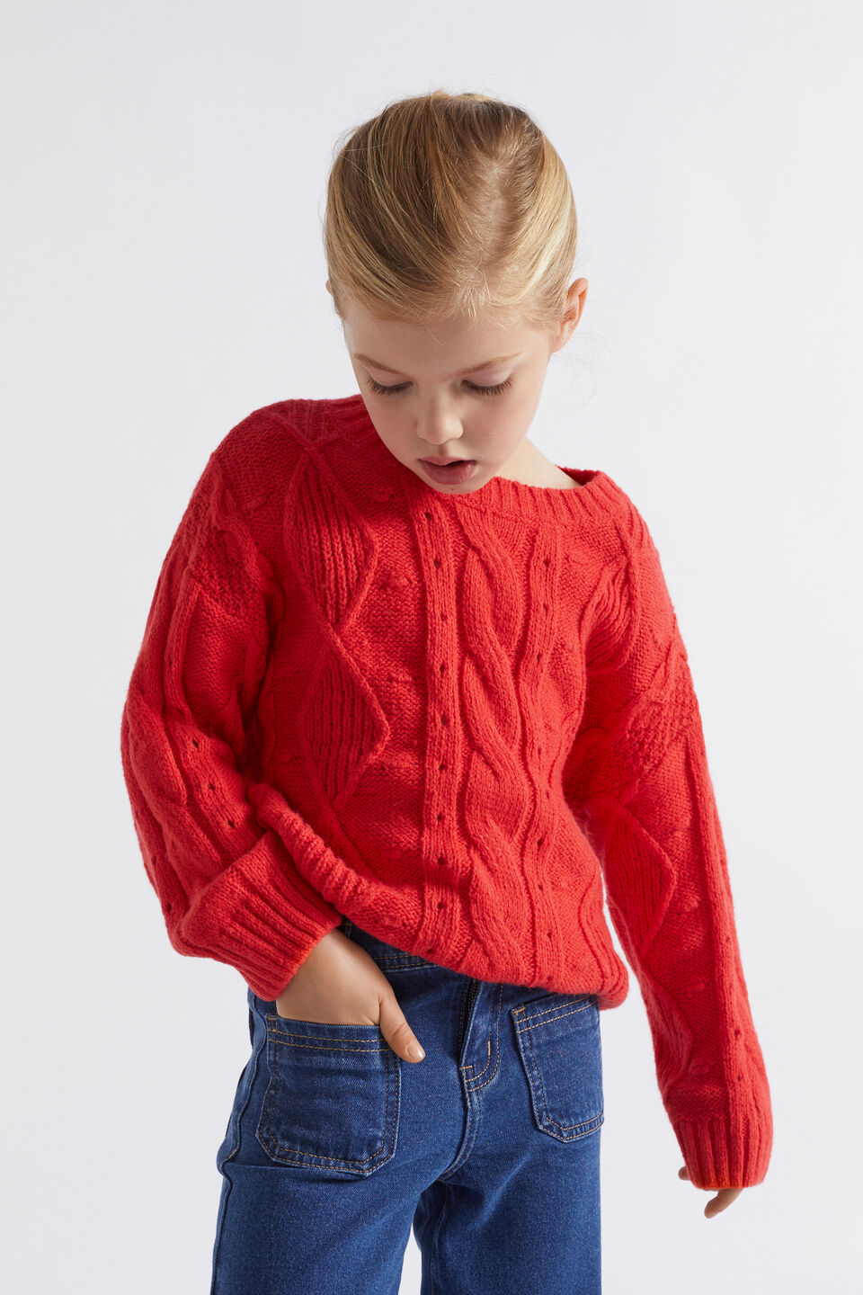Pompom Cable Knit  Super Red