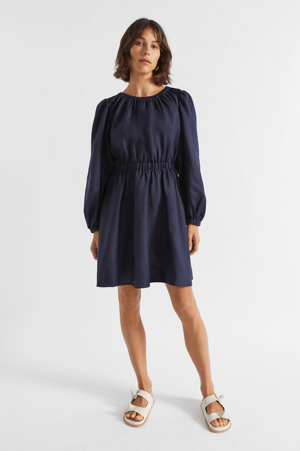 Linen Elasticated Mini Dress  Midnight Sky