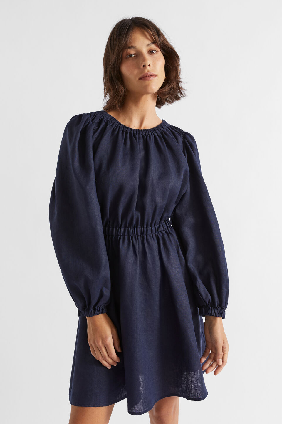 Linen Elasticated Mini Dress  Midnight Sky