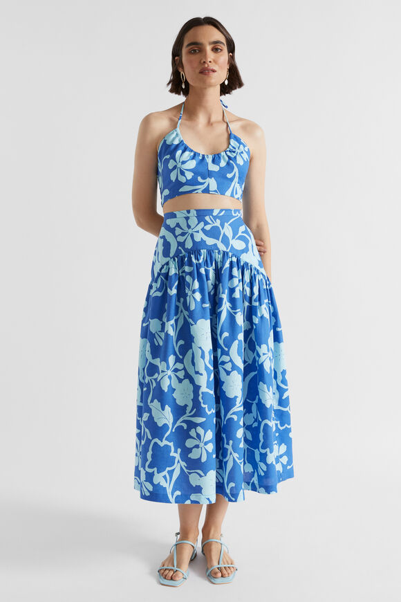 Linen Floral Midi Skirt  Deep Ocean Floral  hi-res