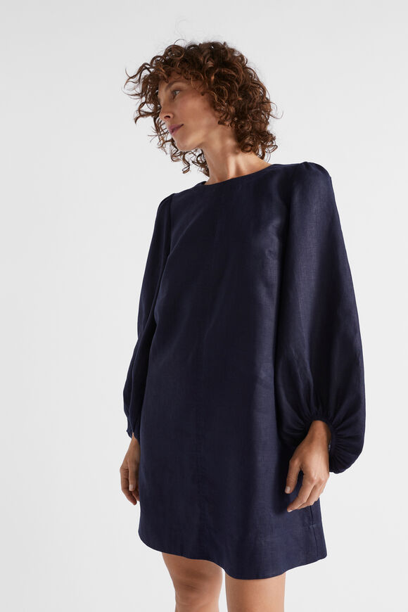 Linen Blouson Sleeve Mini Dress  Midnight Sky  hi-res