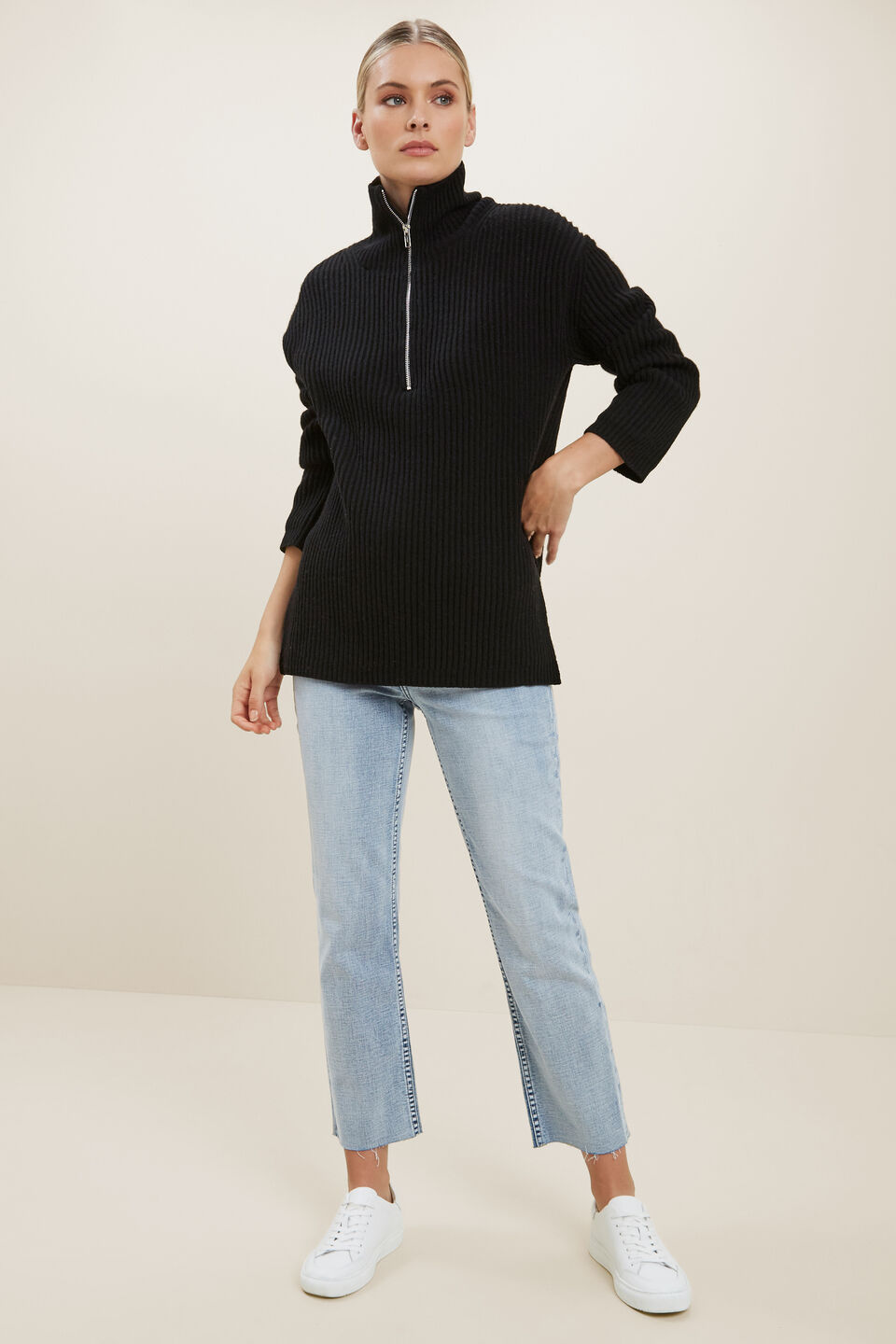 Longline Collared Sweater  Black