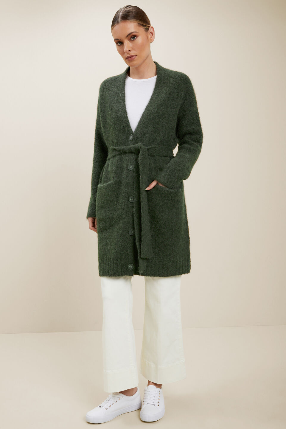 Relaxed Tie Cardigan  Basil