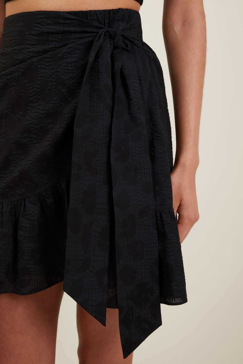 Textured Wrap Mini Skirt  Black