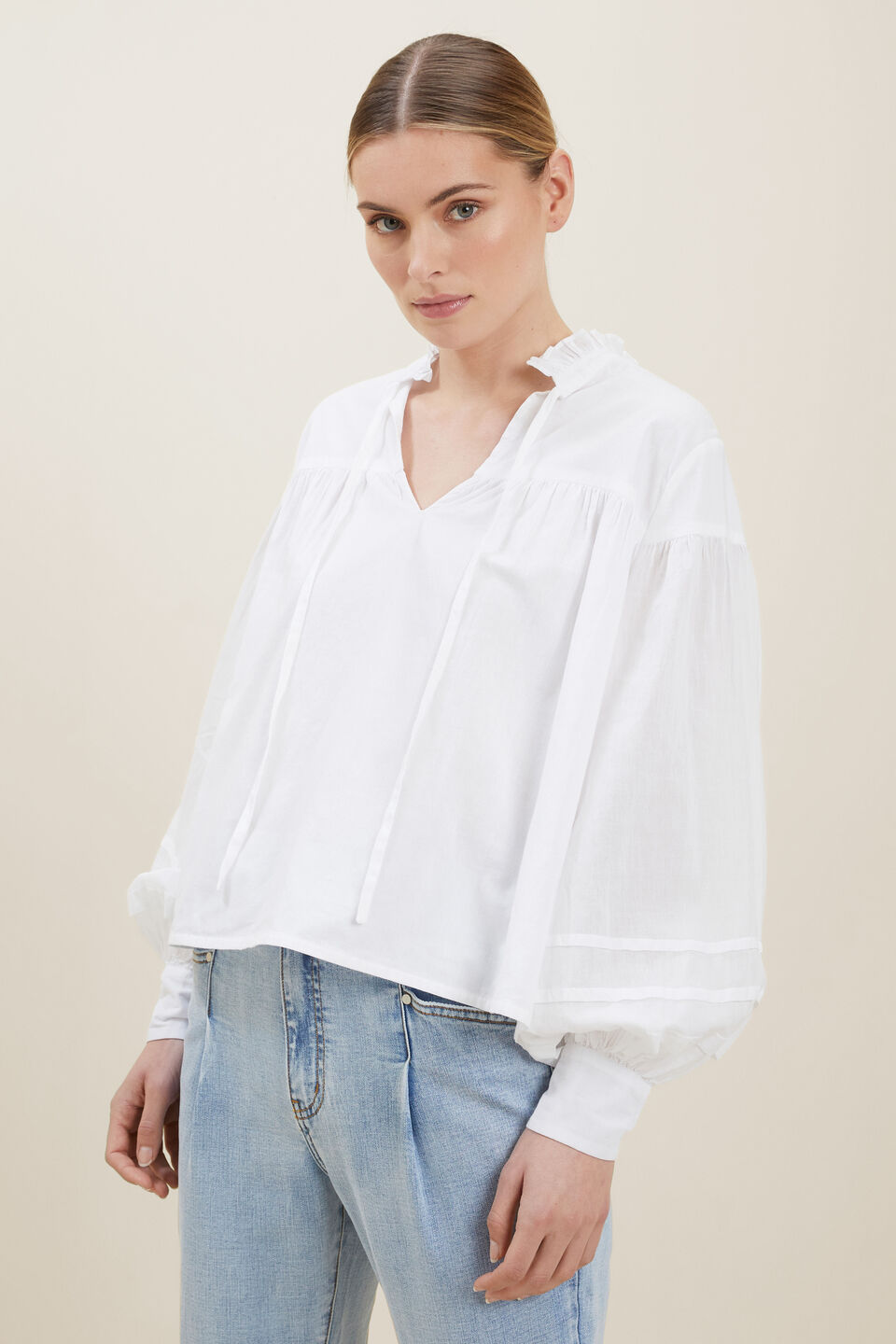 Voile Tie Neck Blouse  Whisper White