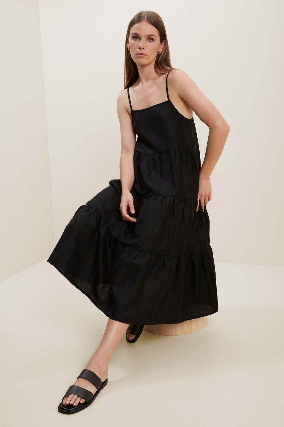 Tiered Linen Dress  Black