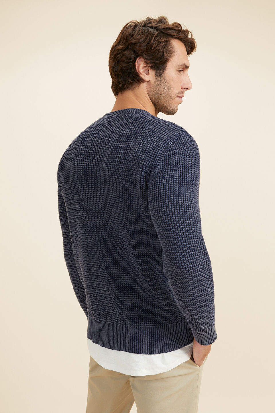 Mens Waffle Crew Knit  Midnight Blue