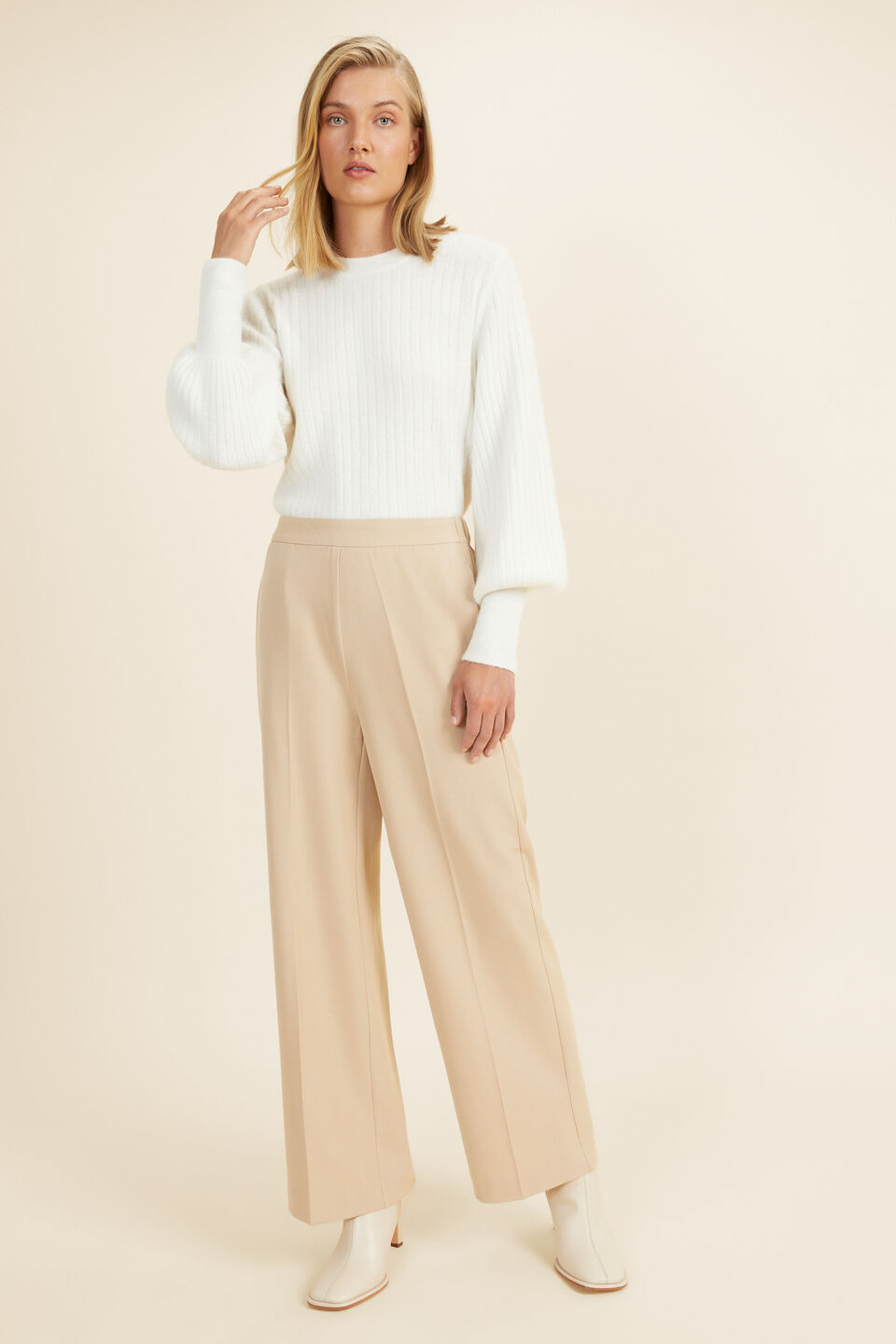 Wide Leg Pull On Pant  Champagne Beige