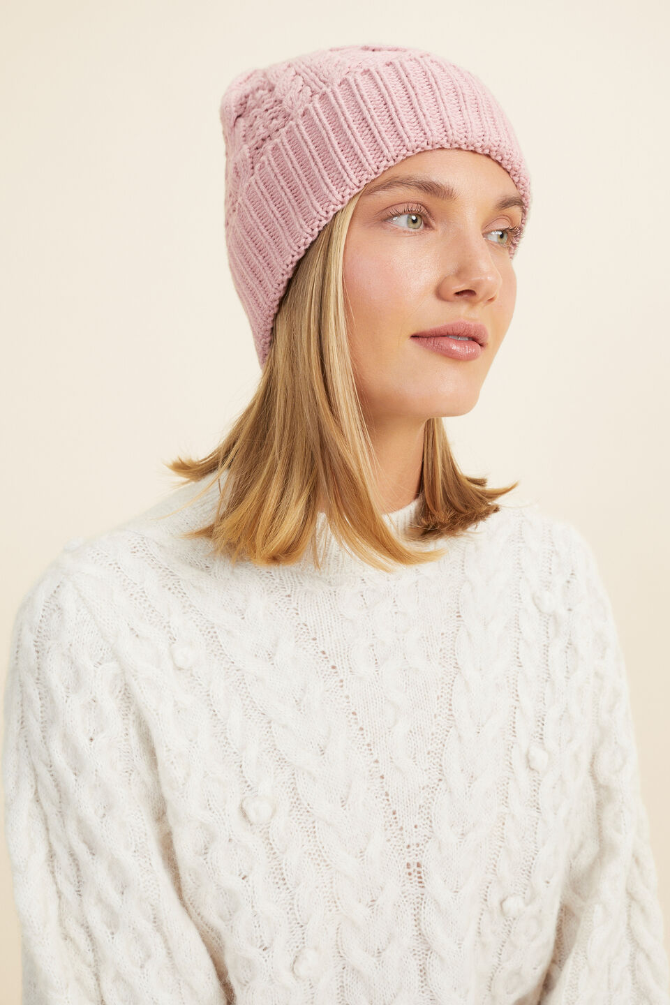 Cable Knit Beanie  Soft Berry