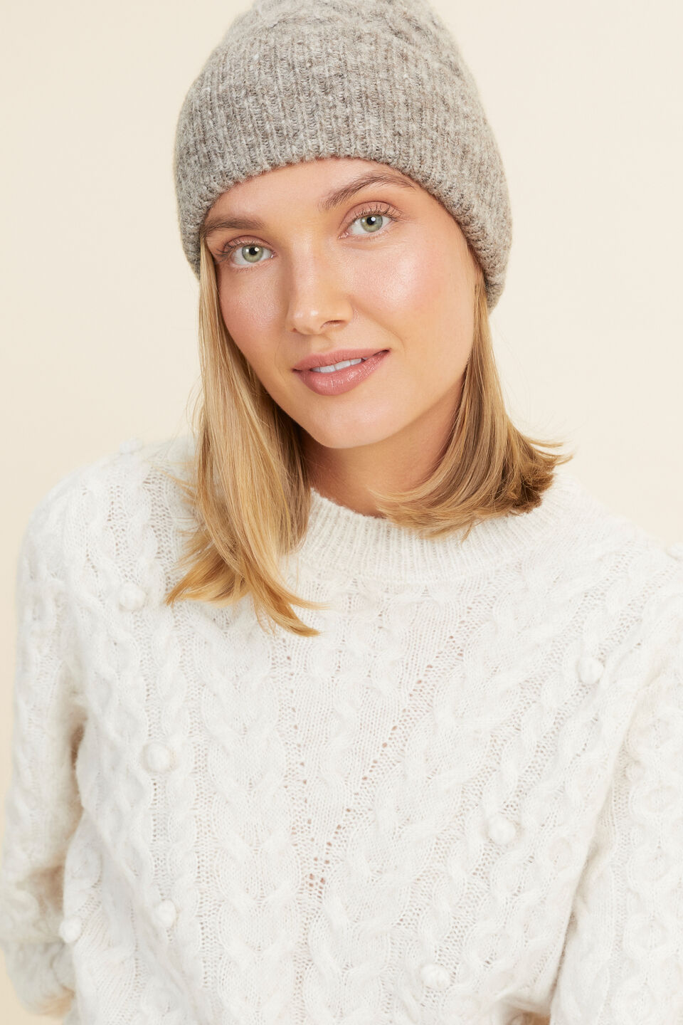 Cable Stitch Knitted Beanie  Pewter Marle
