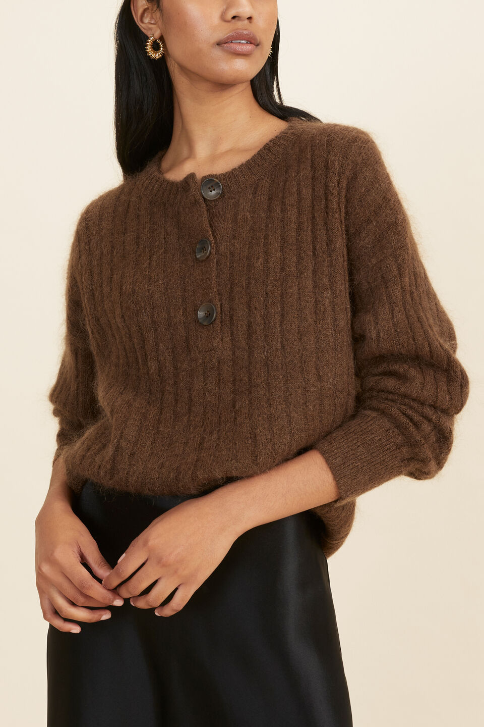Button Front Sweater  Coconut Brown