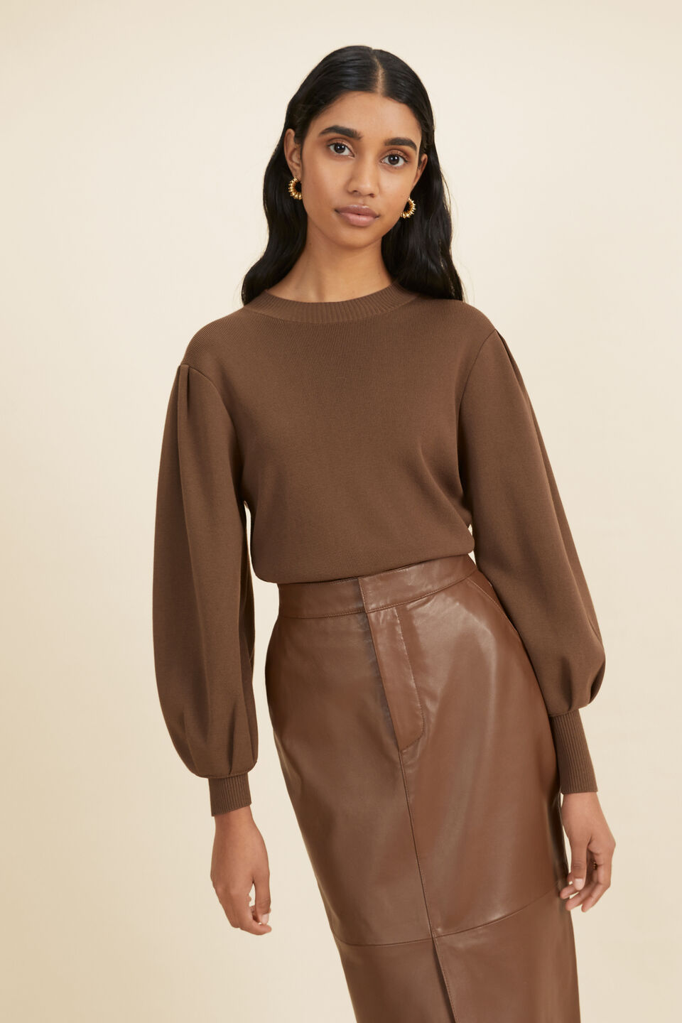 Crepe Knit Tuck Sleeve Sweater  Coconut Brown