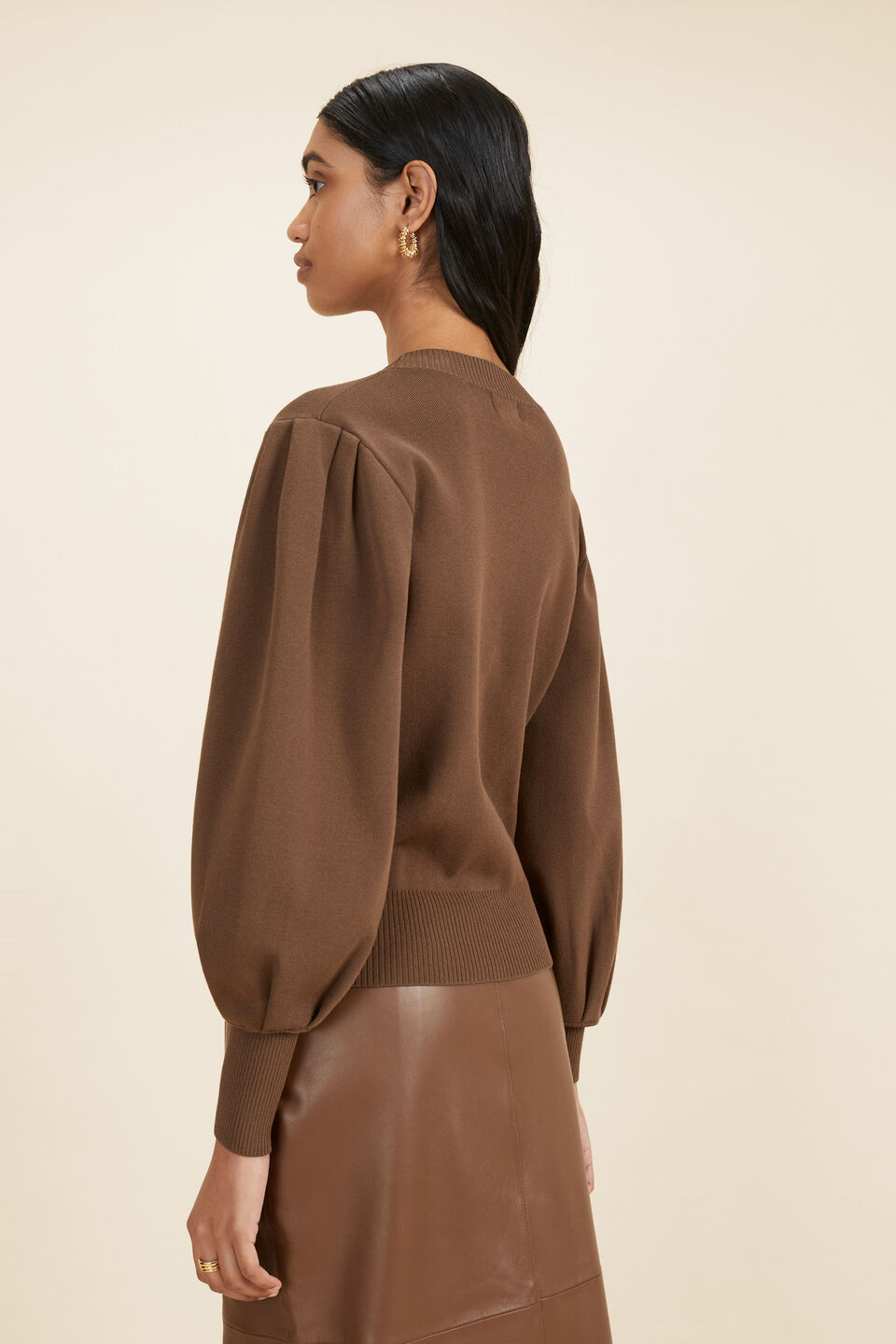 Crepe Knit Tuck Sleeve Sweater  Coconut Brown