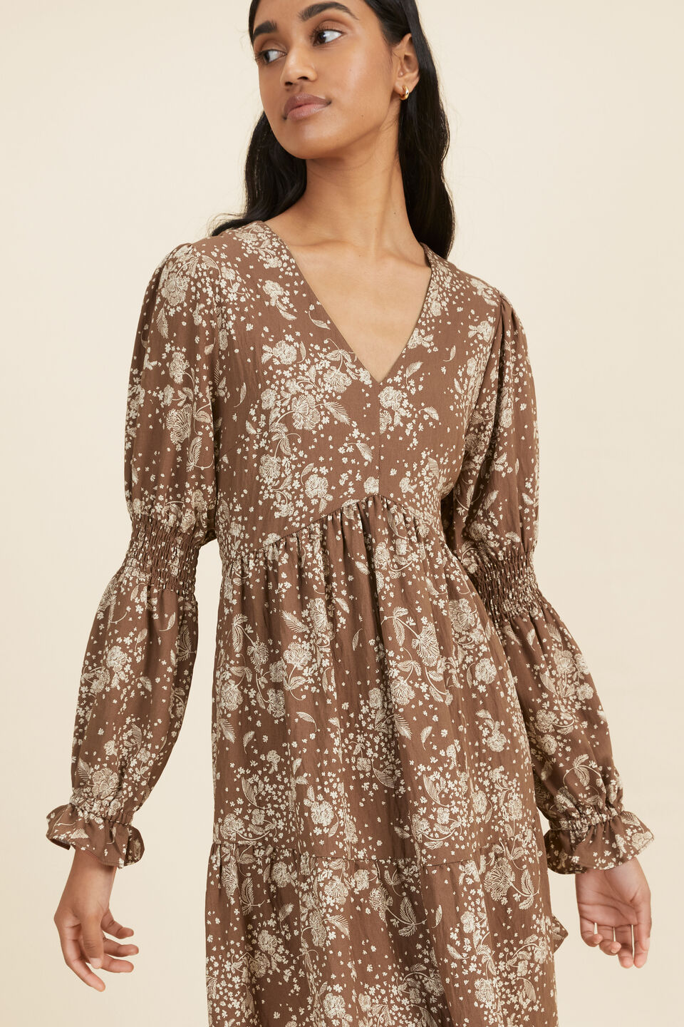 Floral Puffed Sleeve Dress  Coconut Brown Floral