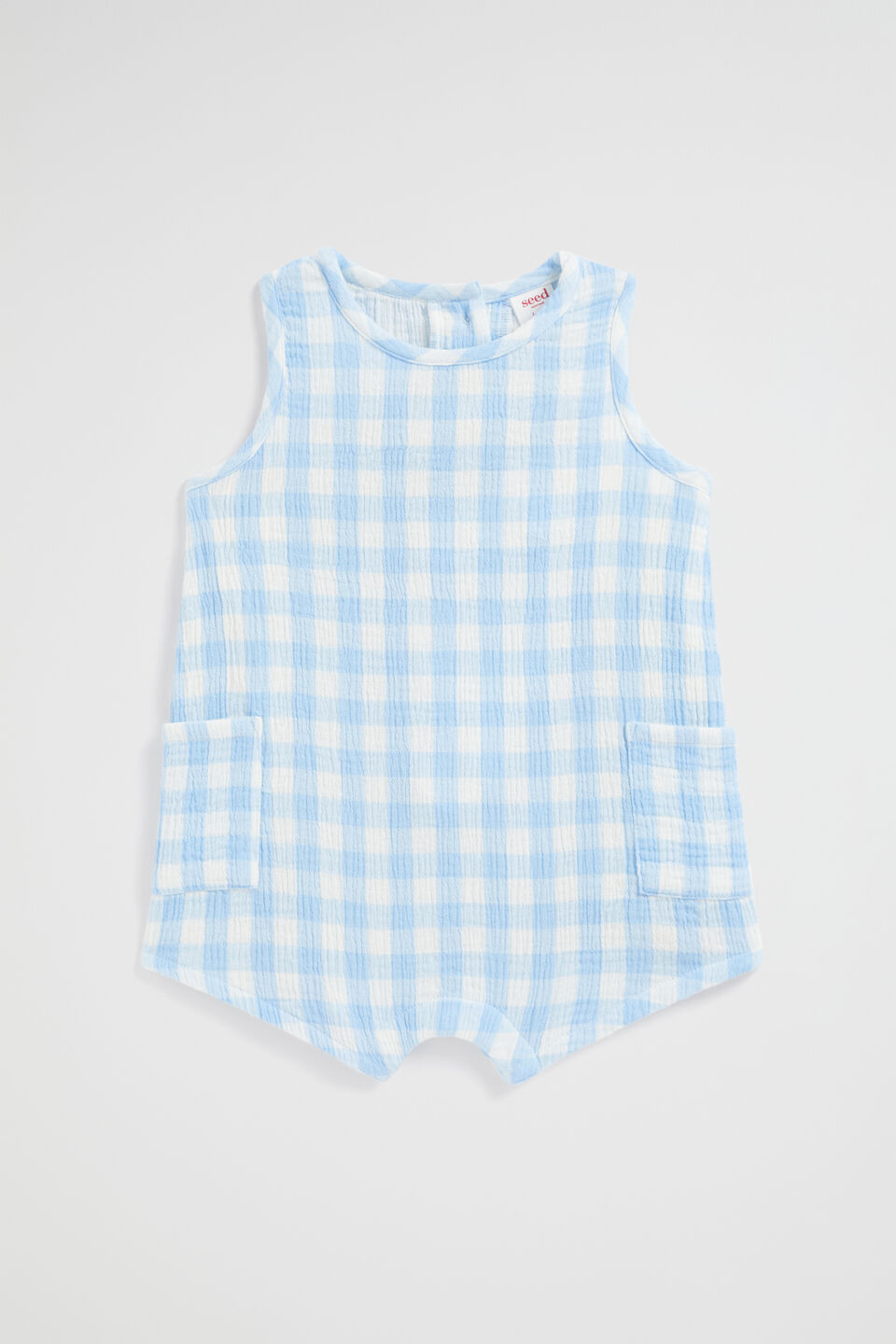 Gingham Pocket Romper  Water Blue