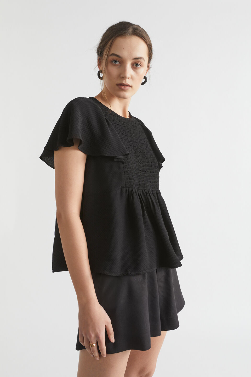 Textured Flutter Blouse  Black