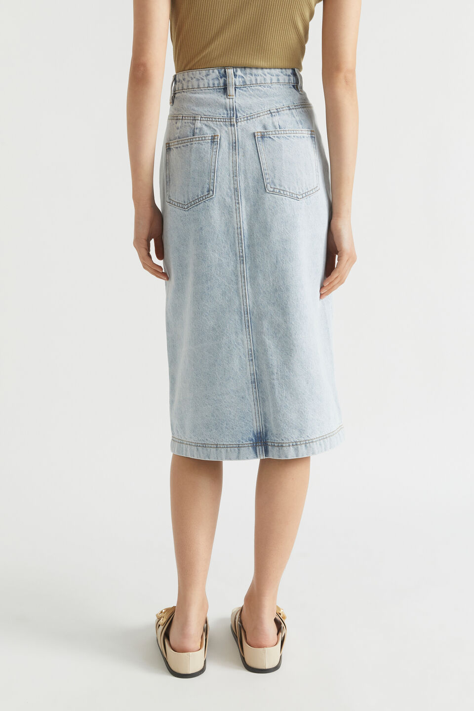 Denim Midi Split Front Skirt  Ice Blue Denim