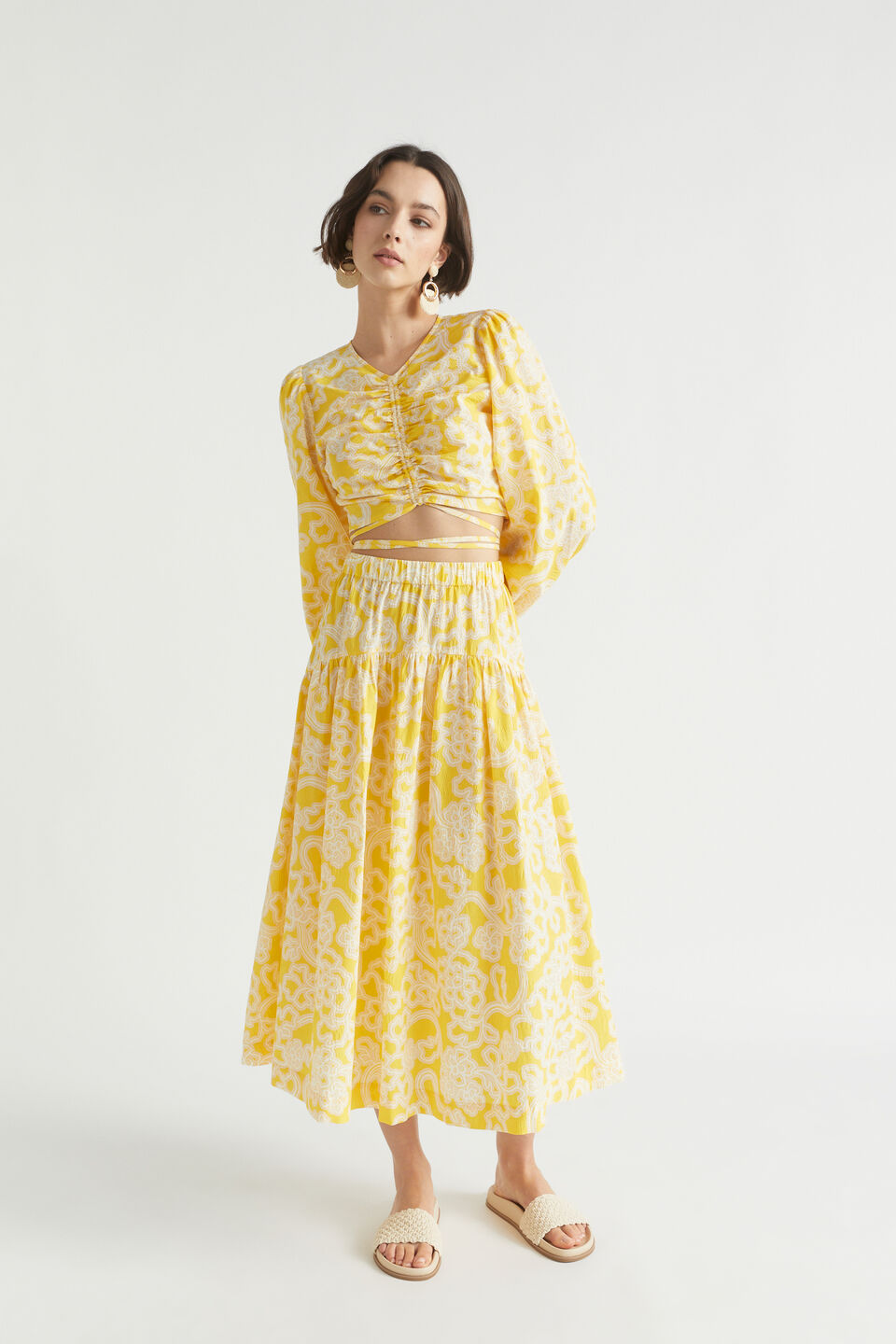 Floral Midi Gathered Skirt  Gold Amber Floral