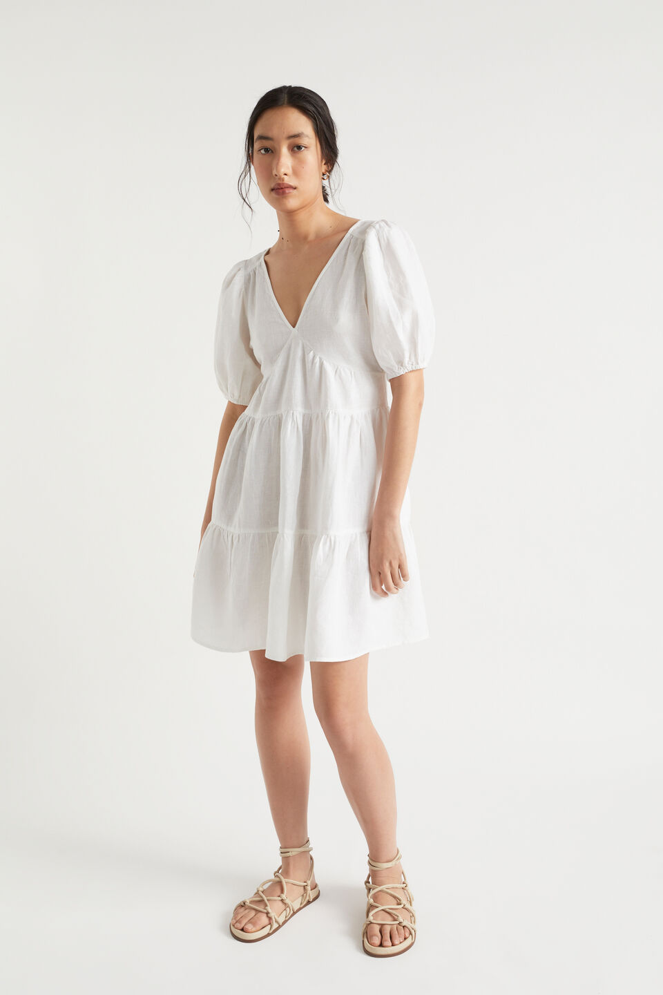 Linen Tie Back Mini Dress  Whisper White