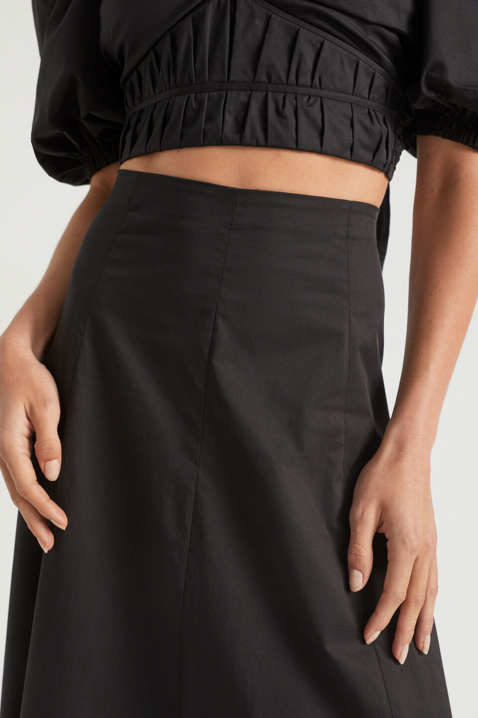 Sateen Panel Midi Skirt  Black