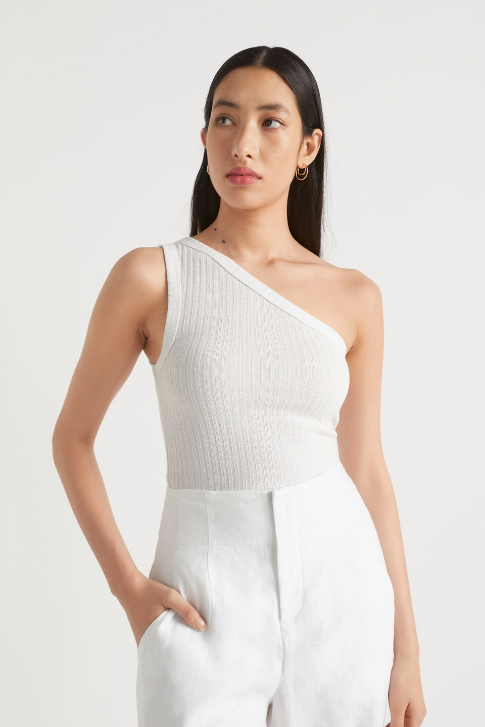 One Shoulder Rib Top  Whisper White