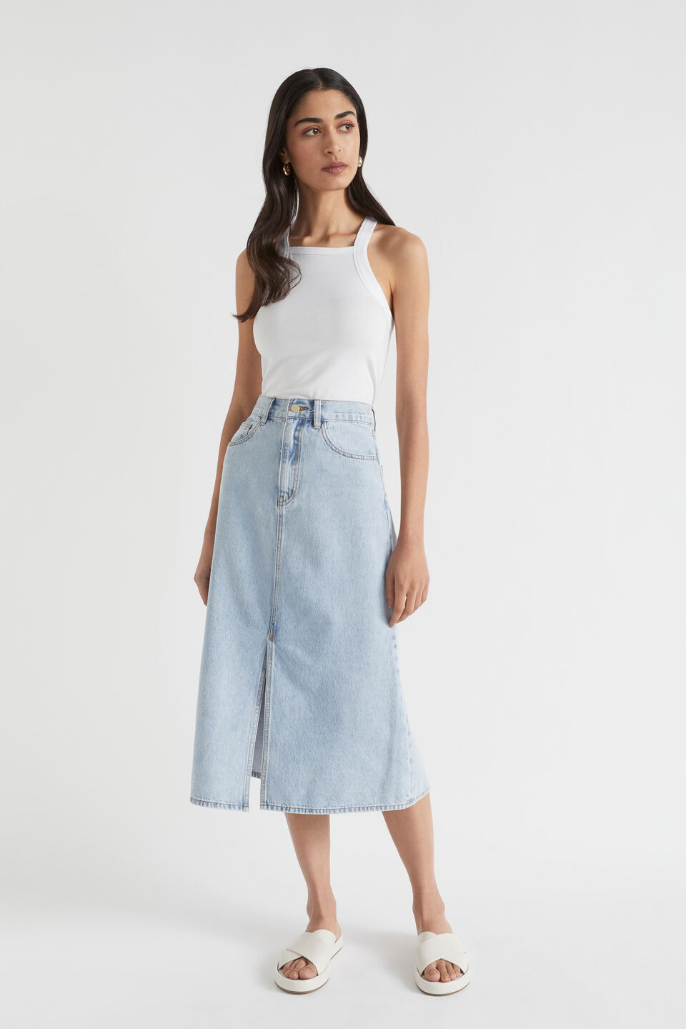 Cotton Flared Midi Skirt  Pacific Wash