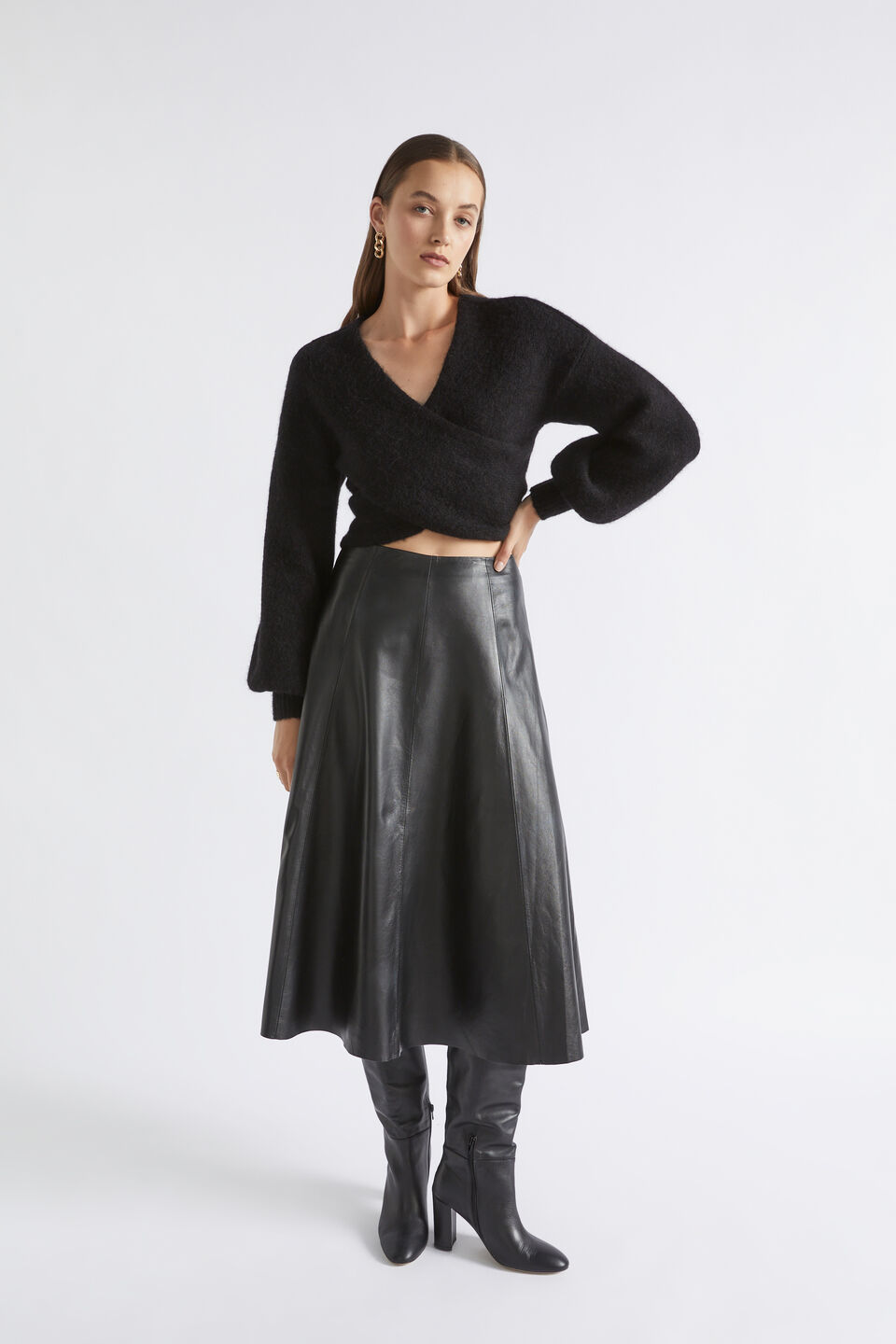 Leather Midi Circle Skirt  Black