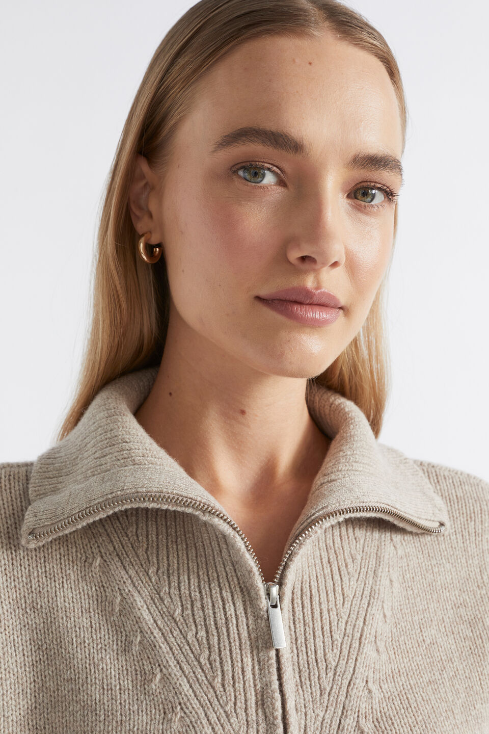 Merino Wool Zip Through Knit  Light Storm Marle