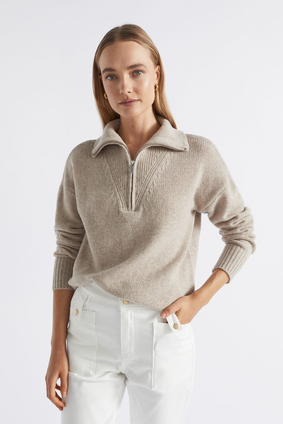 Merino Wool Zip Through Knit  Light Storm Marle