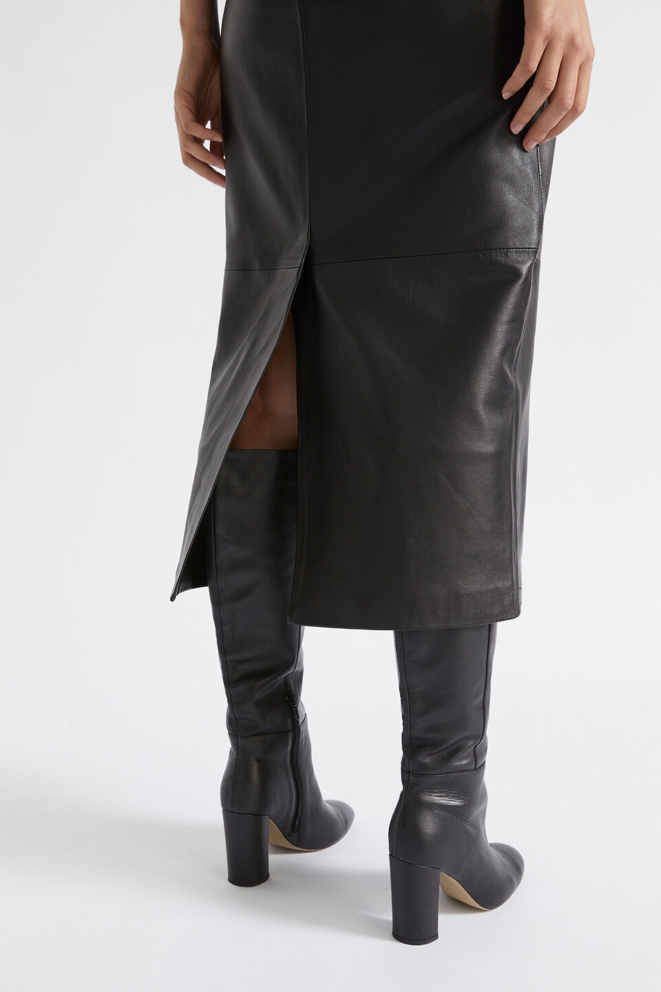 Leather Straight Midi Skirt  Black