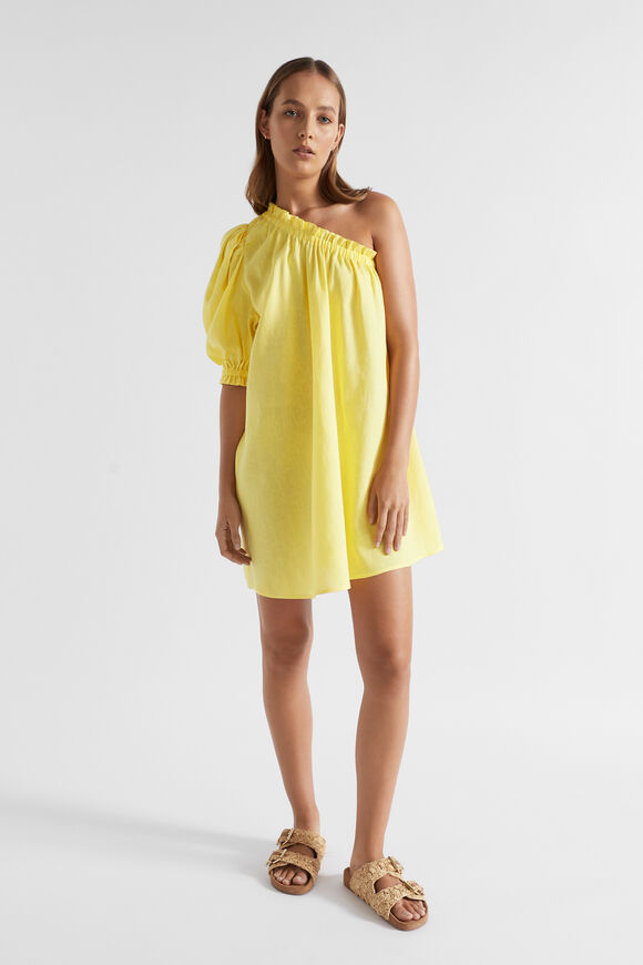 Linen One Shoulder Mini Dress  Lemon Drop  hi-res