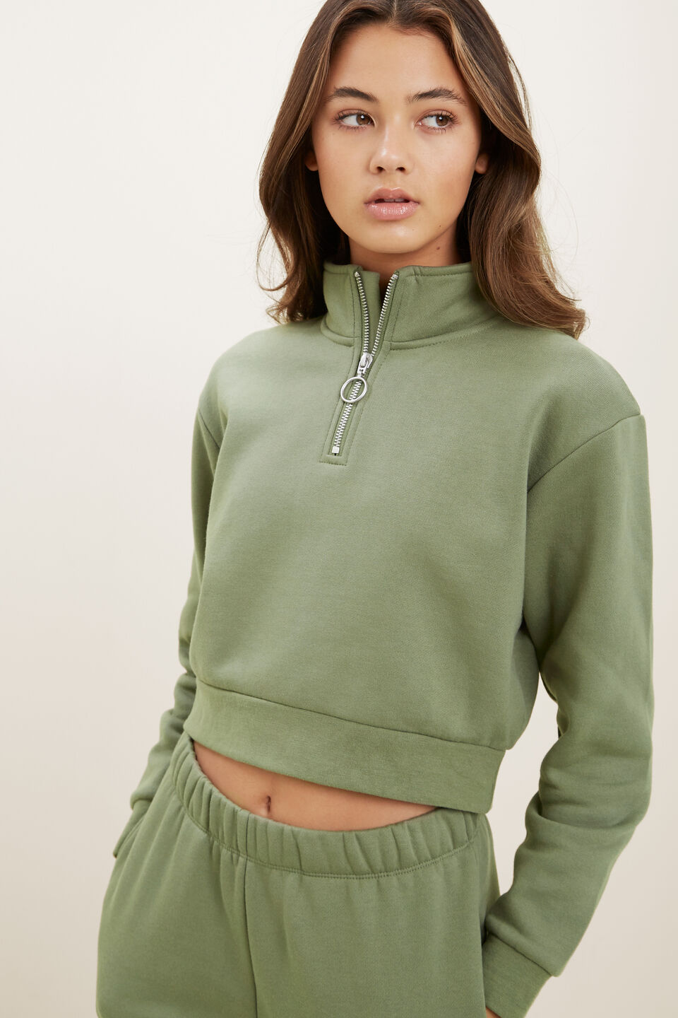 Zip Cropped Sweater  Khaki