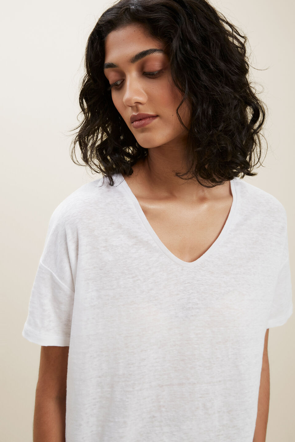 Basic U Neck Linen Tee  Whisper White