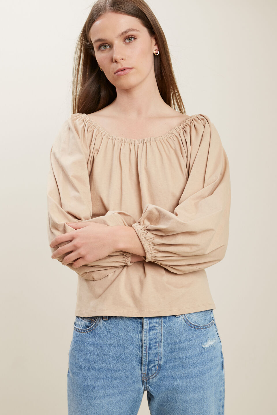 Gathered Blouson Top  Biscotti