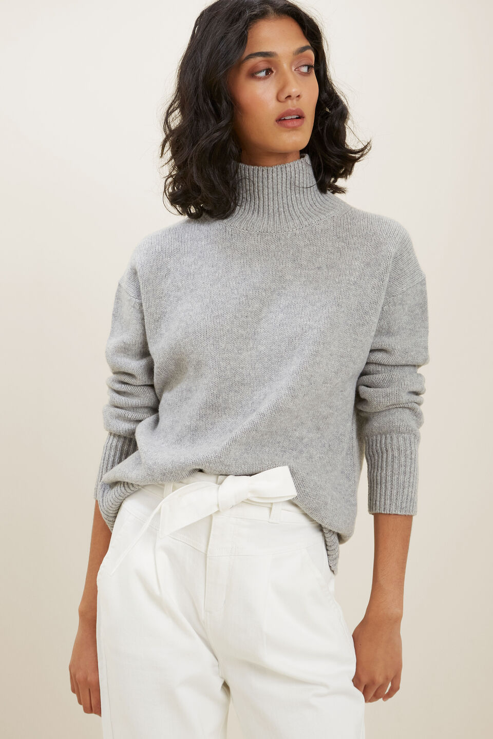 High Neck Wool Sweater  Cool Grey Marle