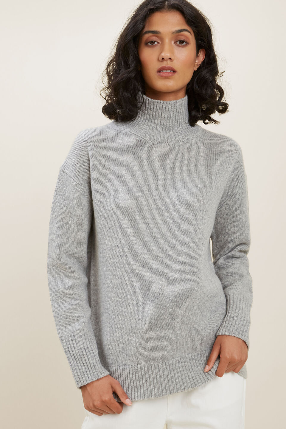 High Neck Wool Sweater  Cool Grey Marle