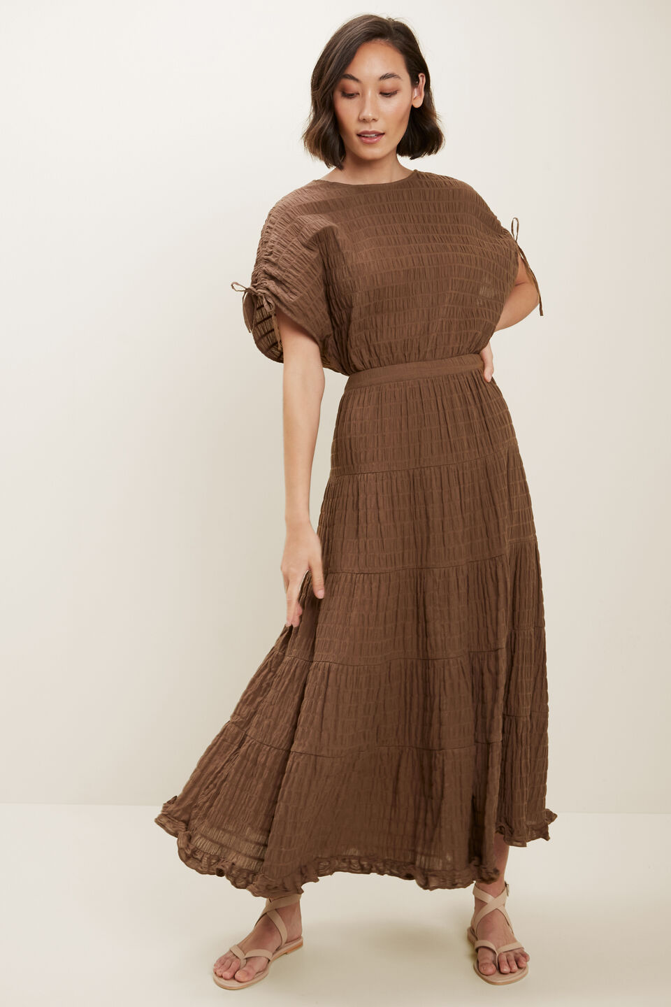 Textured Tiered Maxi Skirt  Russet Brown