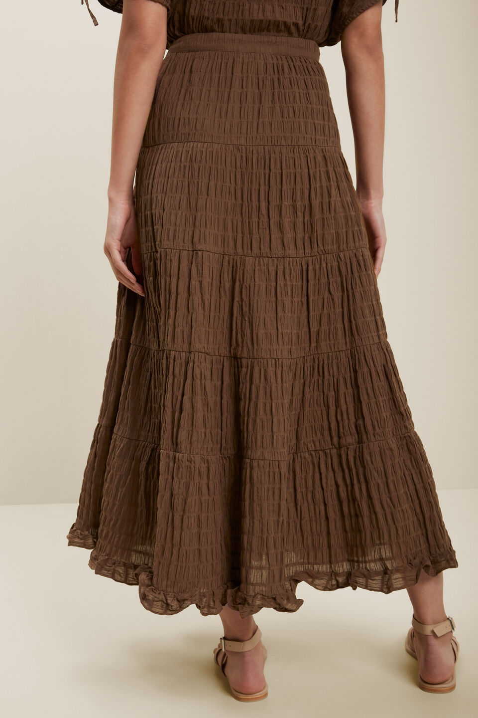 Textured Tiered Maxi Skirt  Russet Brown