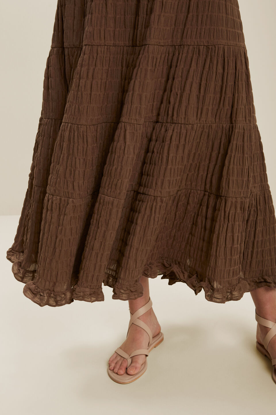 Textured Tiered Maxi Skirt  Russet Brown