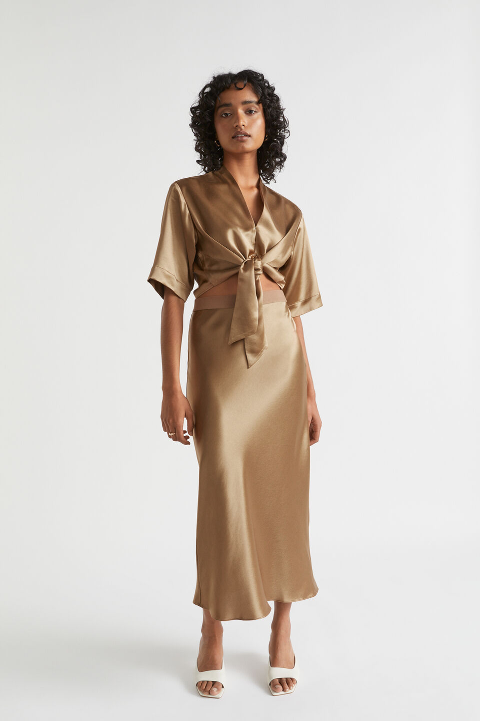 Satin Slip Midi Skirt  Deep Brass