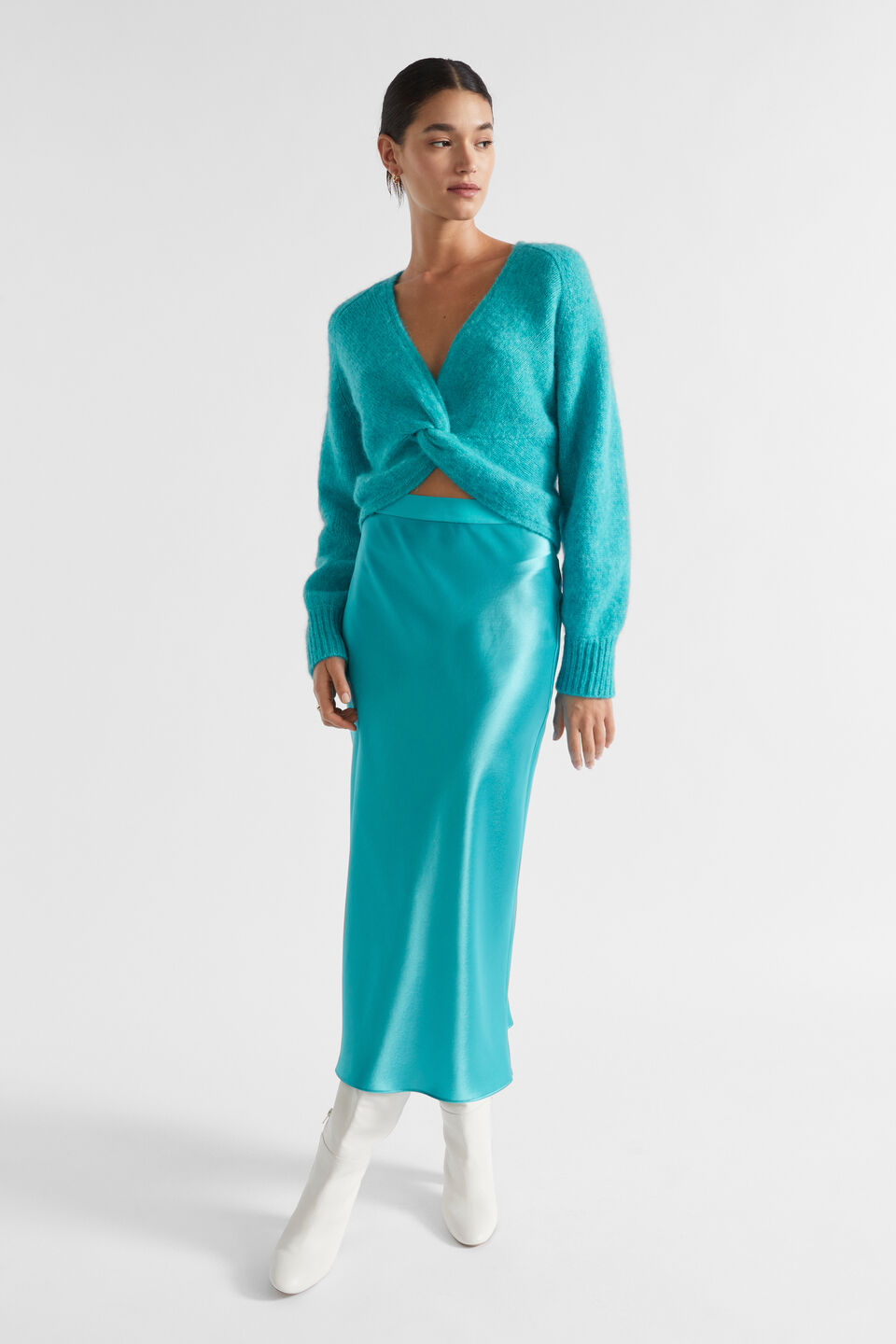 Satin Slip Midi Skirt  Peacock Blue