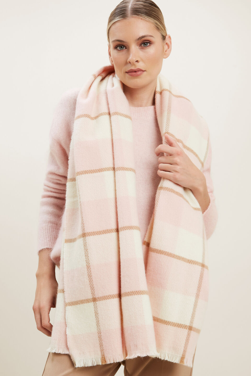 Wool Check Scarf  Ash Pink Multi