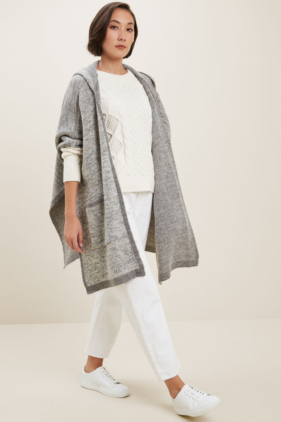 Hooded Knit Poncho  Grey Marle