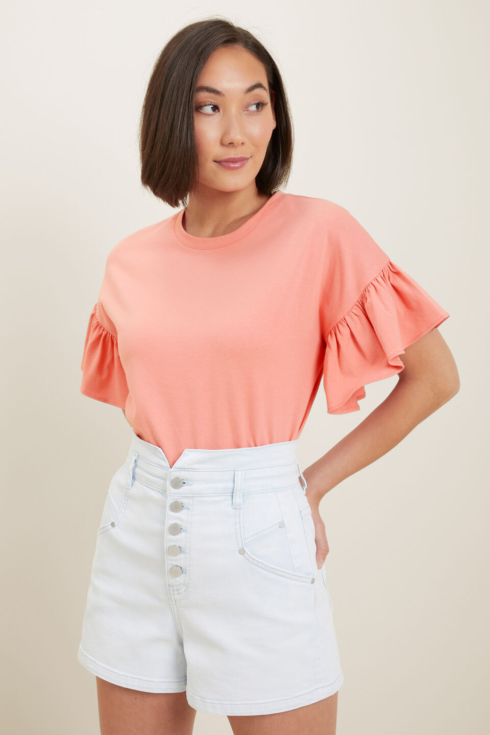Frill Sleeve Tee  Coral Rose