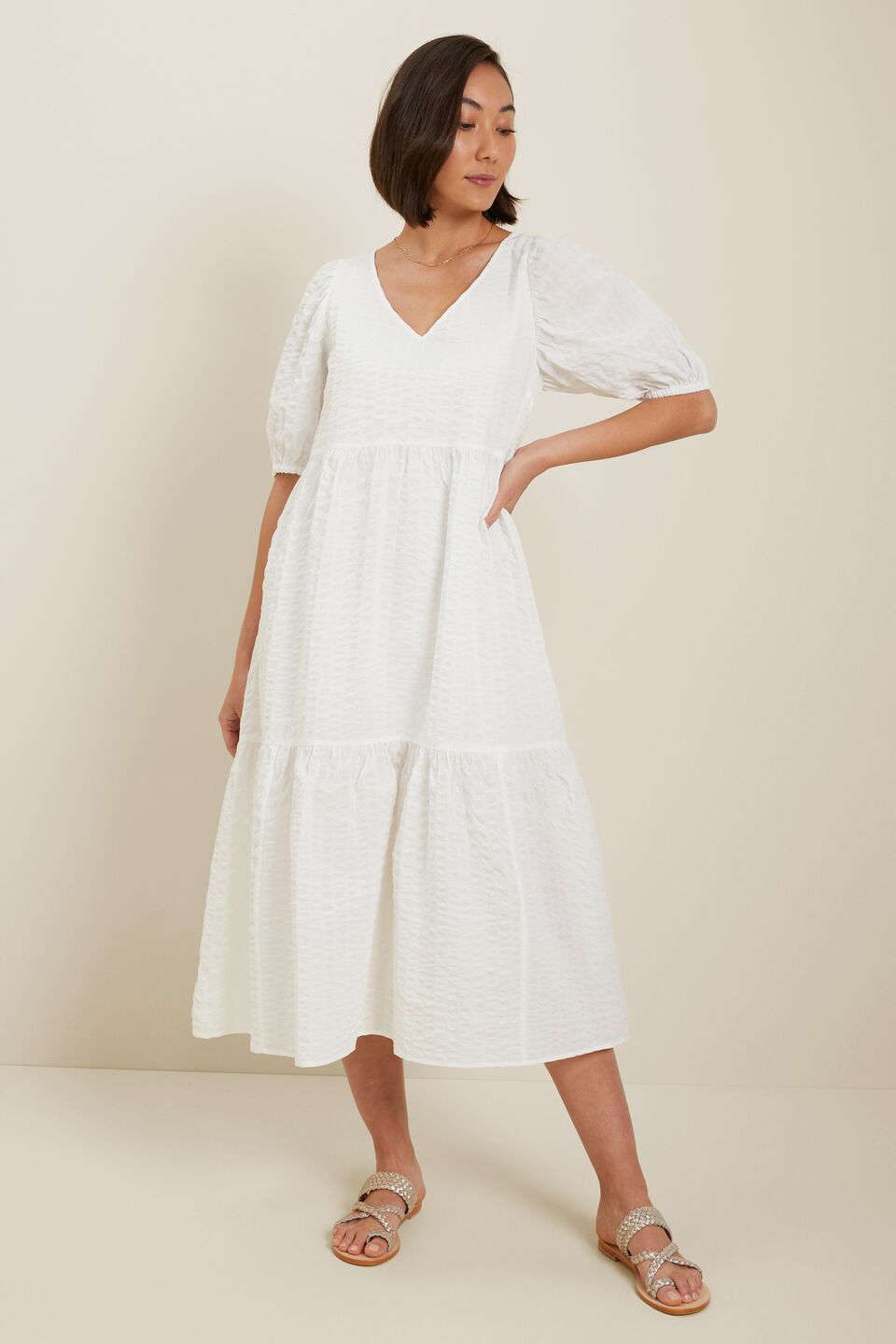Textured Tiered Dress  Whisper White