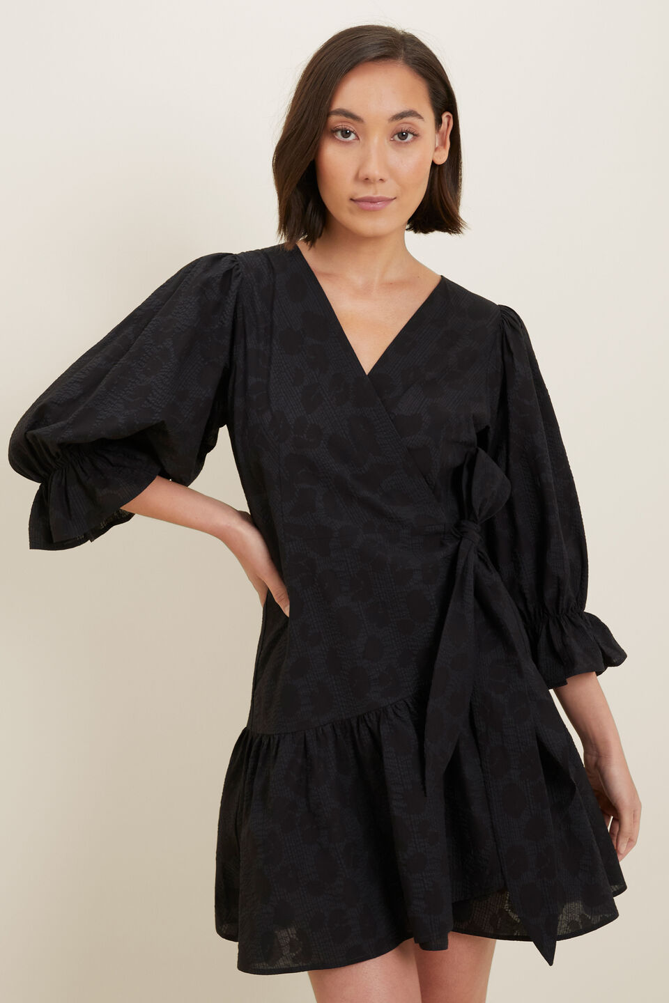 Textured Wrap Mini Dress  Black