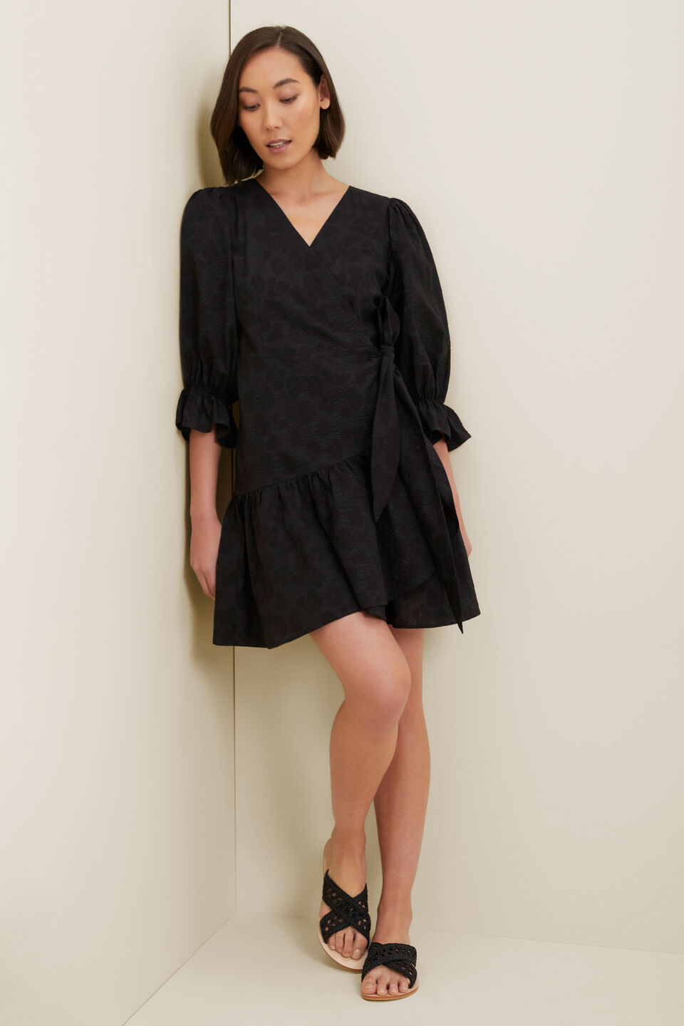 Textured Wrap Mini Dress  Black