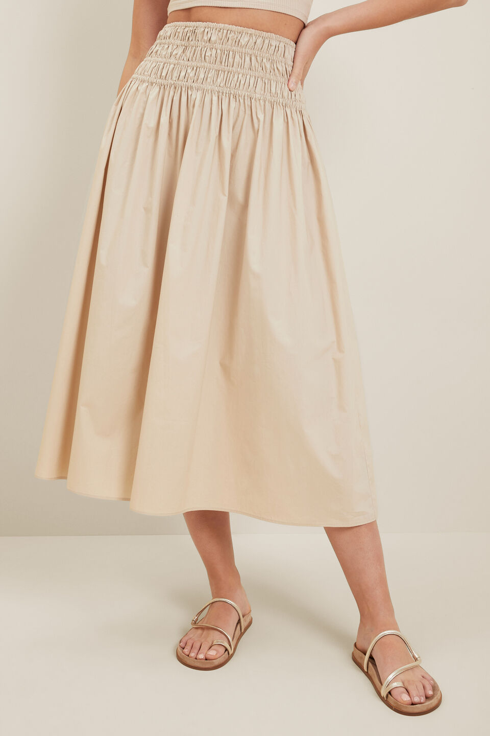 Poplin Shirred Midi Skirt  Sandstone Beige