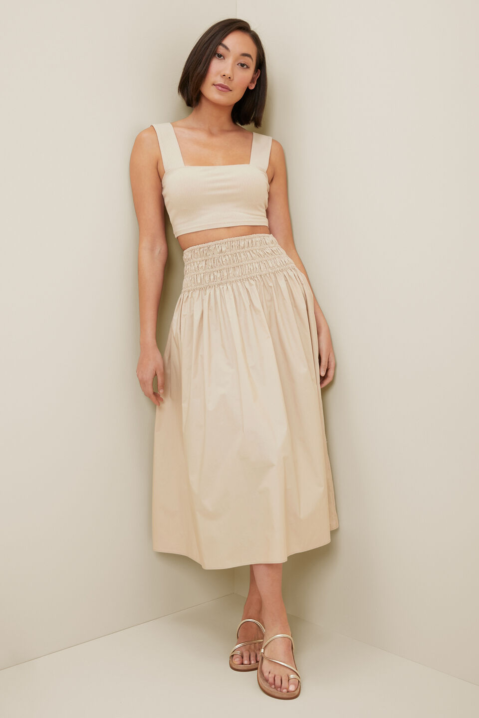 Poplin Shirred Midi Skirt  Sandstone Beige